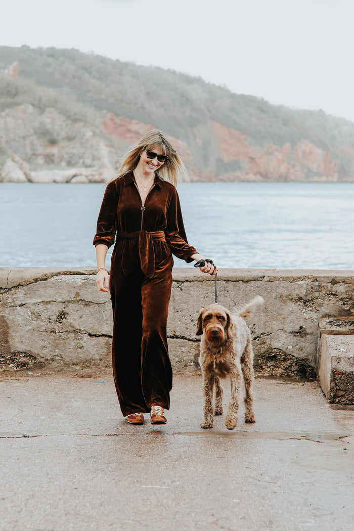 "Mitty" Wide Leg Jumpsuit - Stretch Cotton Velvet | Chocolate Brown