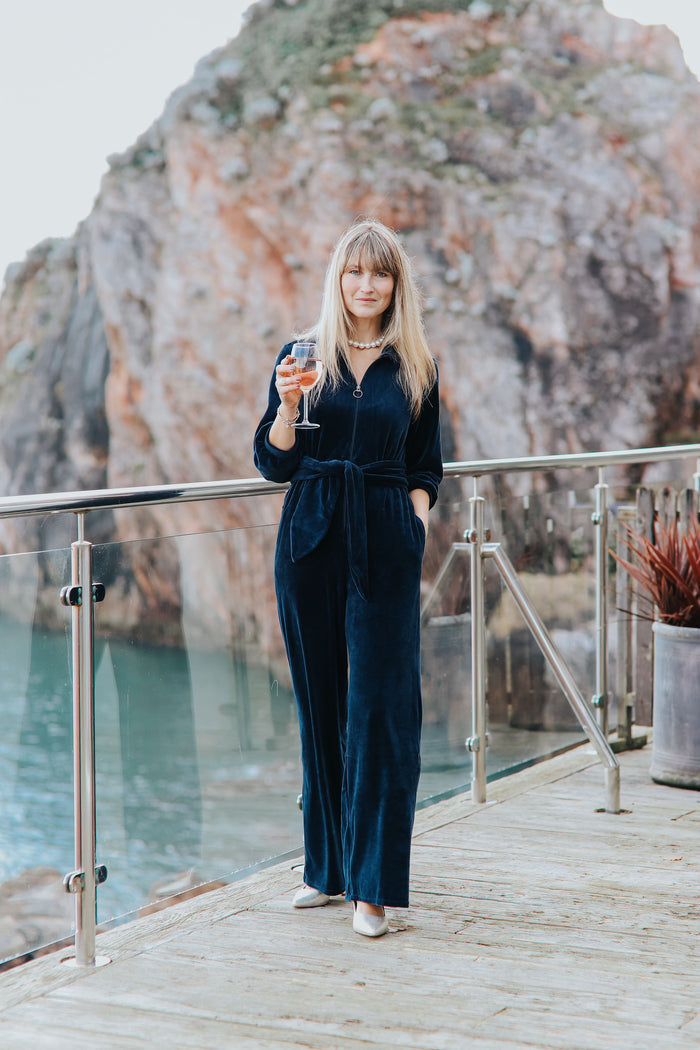 "Mitty" Wide Leg Jumpsuit - Stretch Cotton Velvet | Navy