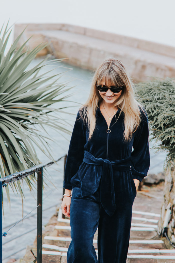 "Mitty" Wide Leg Jumpsuit - Stretch Cotton Velvet | Navy