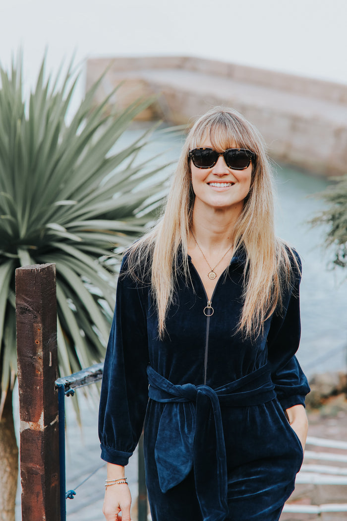 "Mitty" Wide Leg Jumpsuit - Stretch Cotton Velvet | Navy