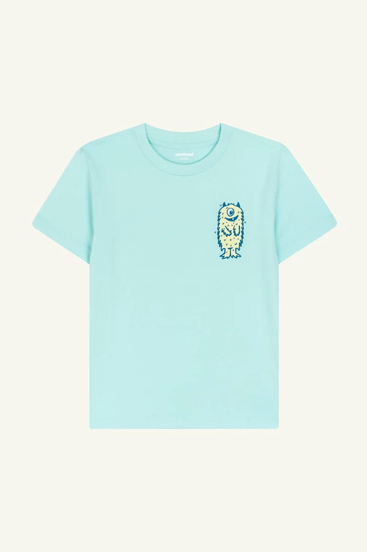 Contrast Monster kids t-shirt in Caribbean Blue, organic cotton playful graphic tee