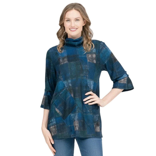 Multi Plaid Sweater Knit Tunic in Blue/Beige - 9217 - Size XL Only!