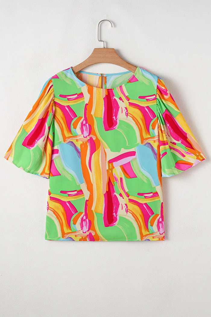 Multicolour Abstract Print Keyhole Back Pleated Half Sleeve Blouse - Tops/Tops & Tees