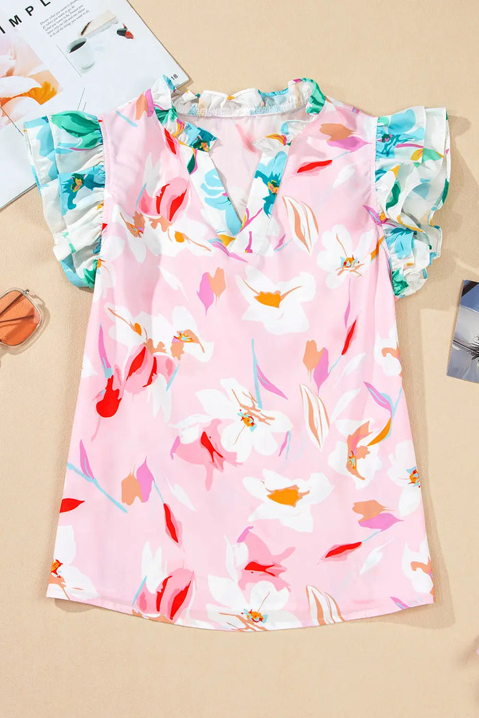 Multicolour Contrast Floral Patchwork Notched Neck Flutter Sleeve Blouse - Tops/Blouses & Shirts