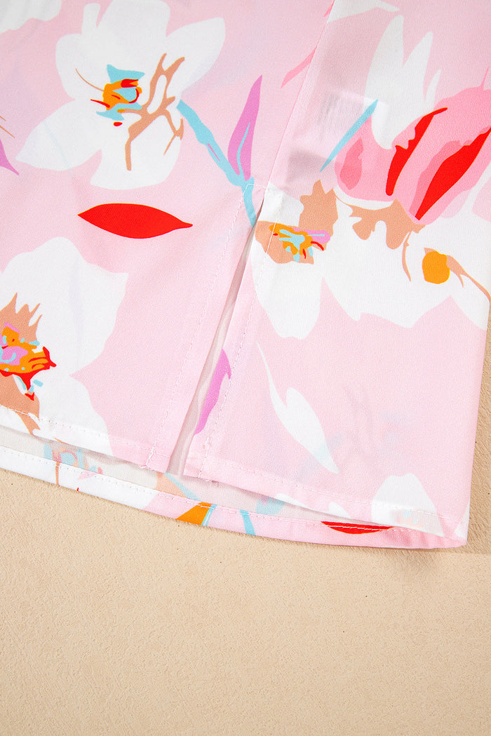 Multicolour Contrast Floral Patchwork Notched Neck Flutter Sleeve Blouse - Tops/Blouses & Shirts