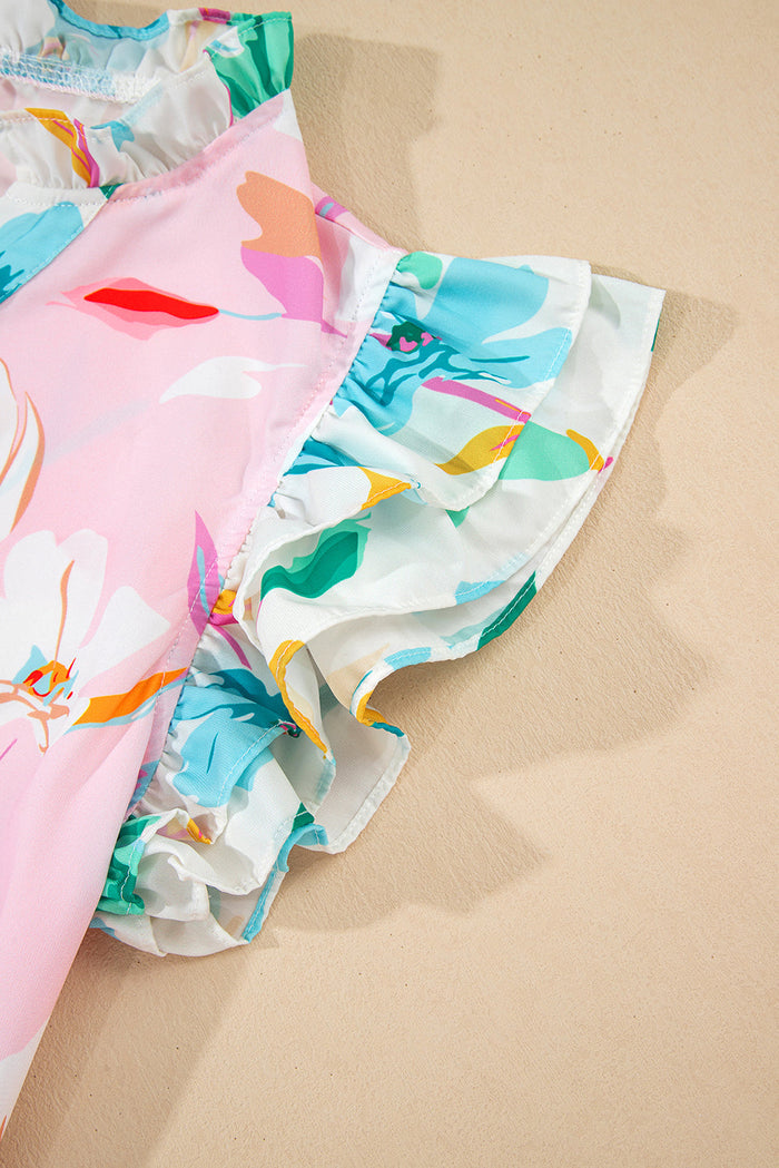 Multicolour Contrast Floral Patchwork Notched Neck Flutter Sleeve Blouse - Tops/Blouses & Shirts