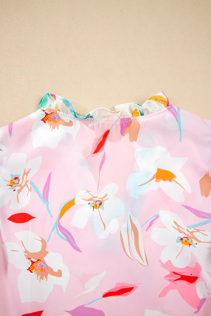 Multicolour Contrast Floral Patchwork Notched Neck Flutter Sleeve Blouse - Tops/Blouses & Shirts