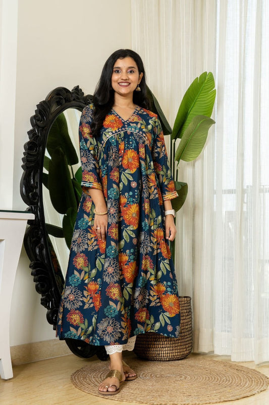 Muslin Alia Kurta- Dark blue Floral