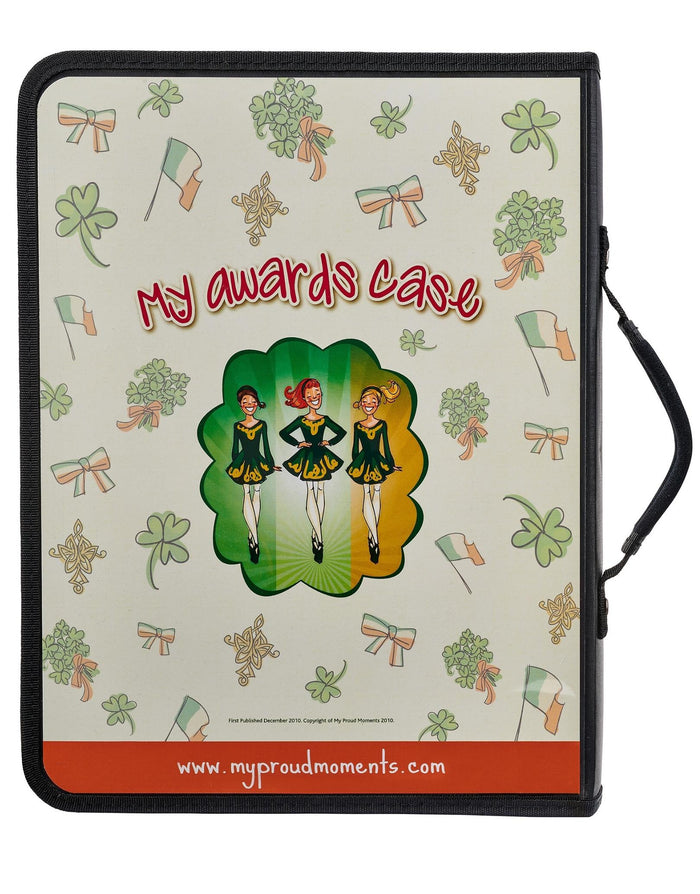Proud Moments medal case with Irish dance leprechaun dancers in green white