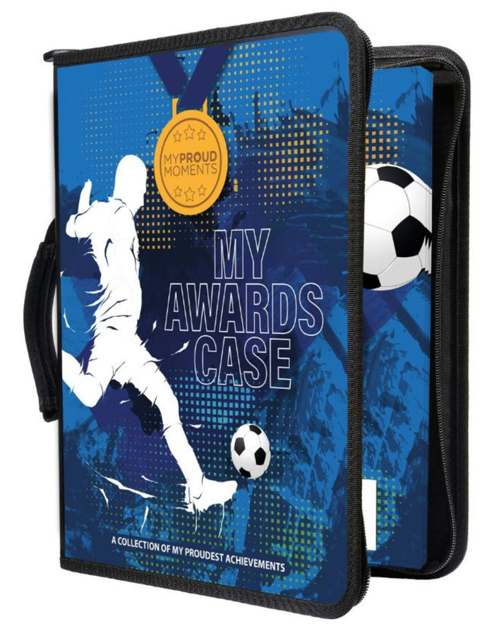 Blue soccer-themed proud moments medal case with player silhouette