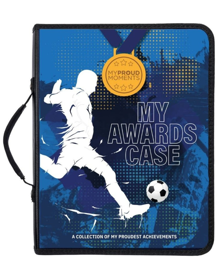 Blue and white soccer binder for proud moments medal display