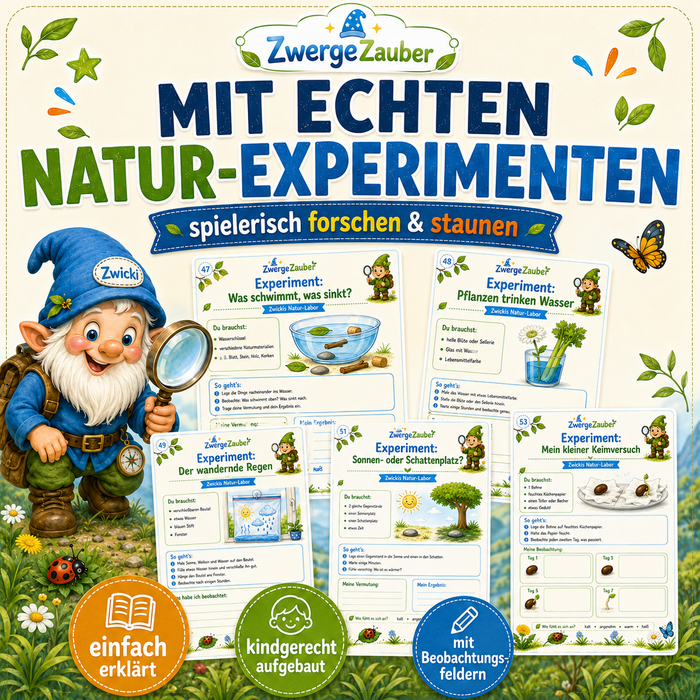 Kindgerechte Natur-Experimente im Naturforscher XXL mit Zwicki, Beobachtungsfeldern und einfachen Anleitungen
