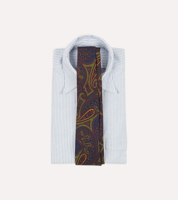 Navy and Green Large Paisley Print Madder Silk Self Tipped Tie