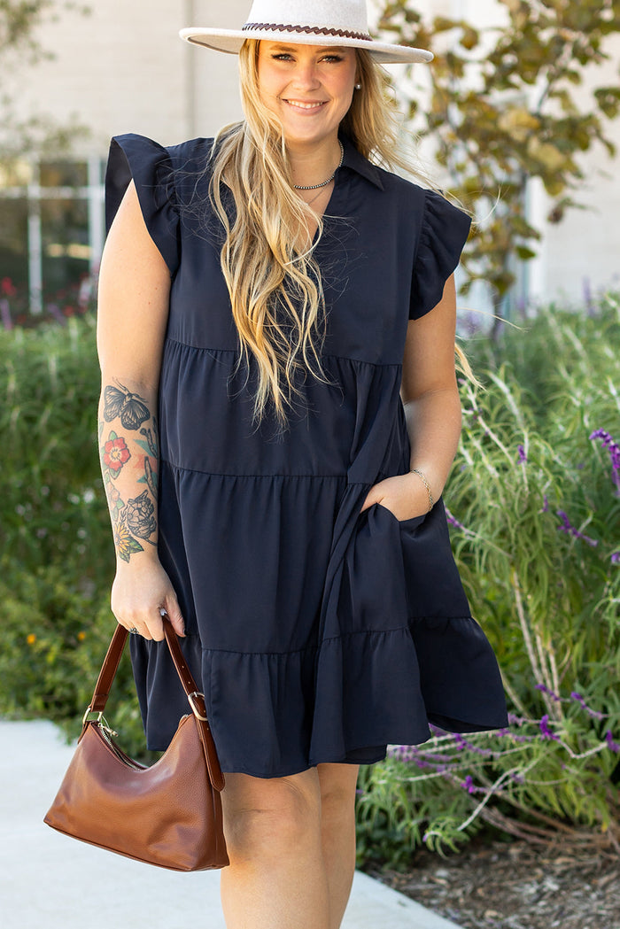 Navy Blue Collared V Neck Flutter Sleeve Tiered Plus Size Dress - Size/Plus Dresses/Plus Mini Dresses