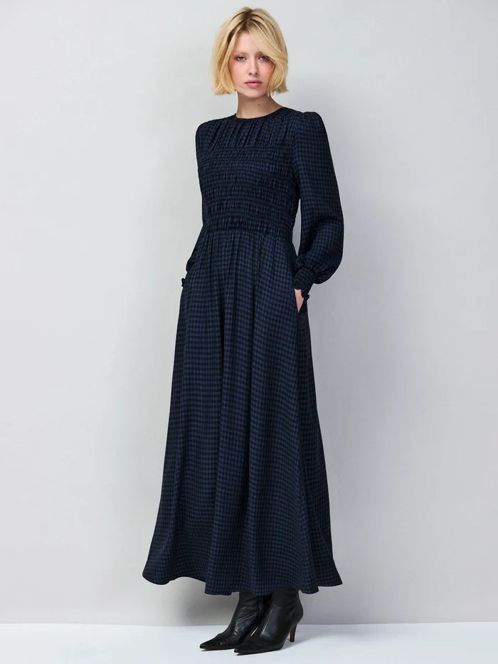 Navy Check Shirred Bodice Dress