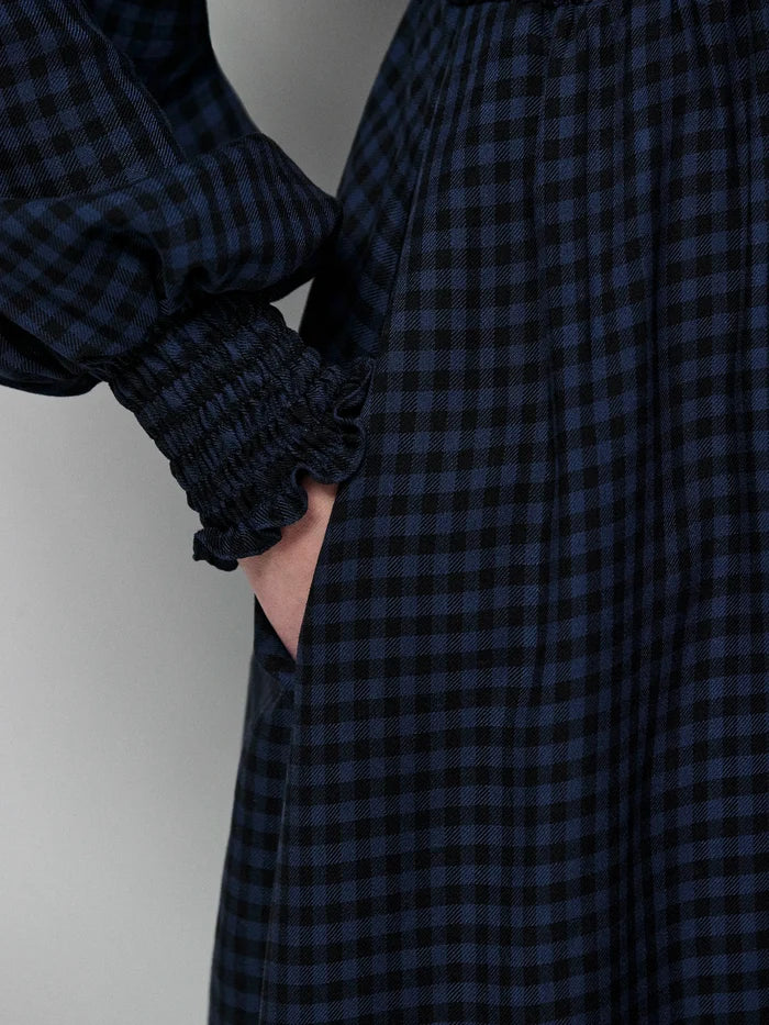 Navy Check Shirred Bodice Dress