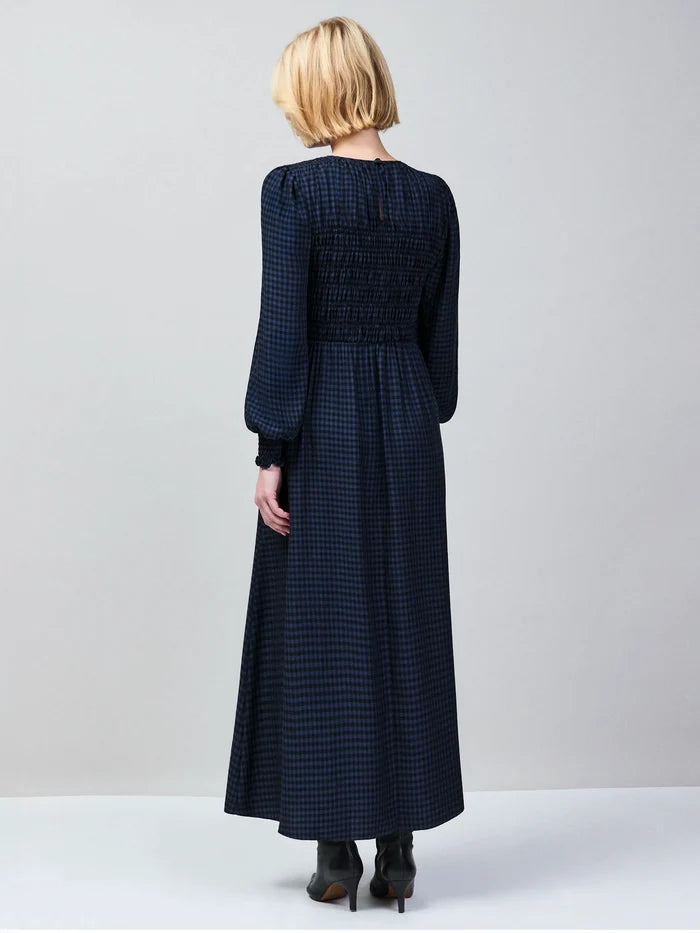 Navy Check Shirred Bodice Dress