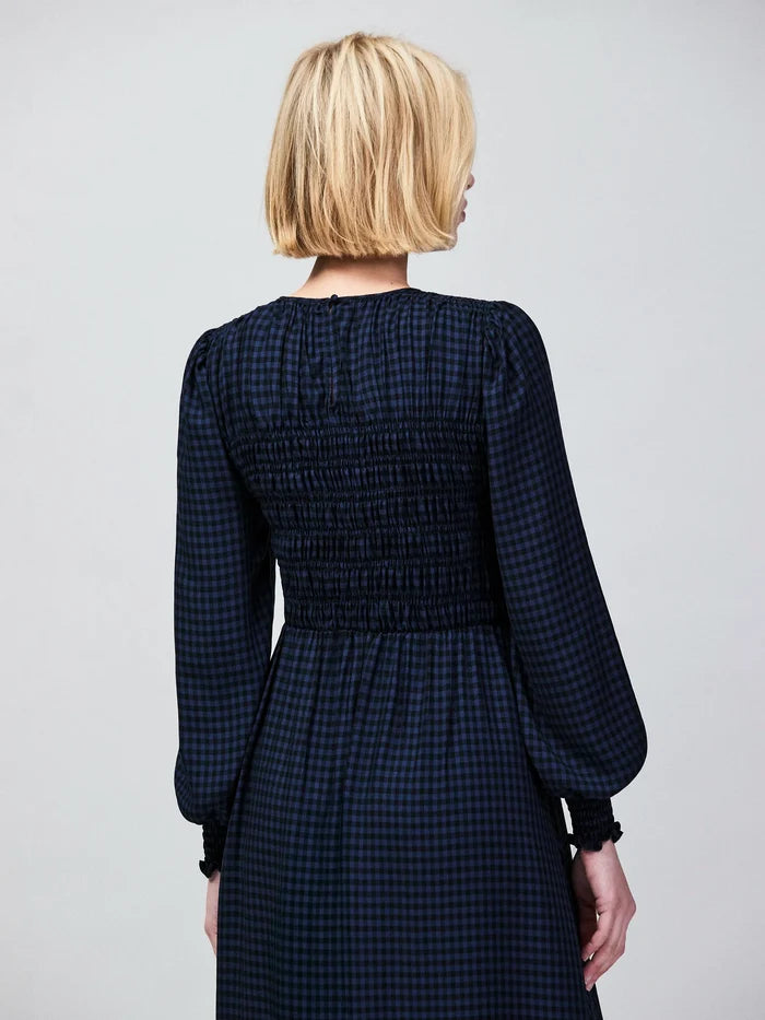 Navy Check Shirred Bodice Dress