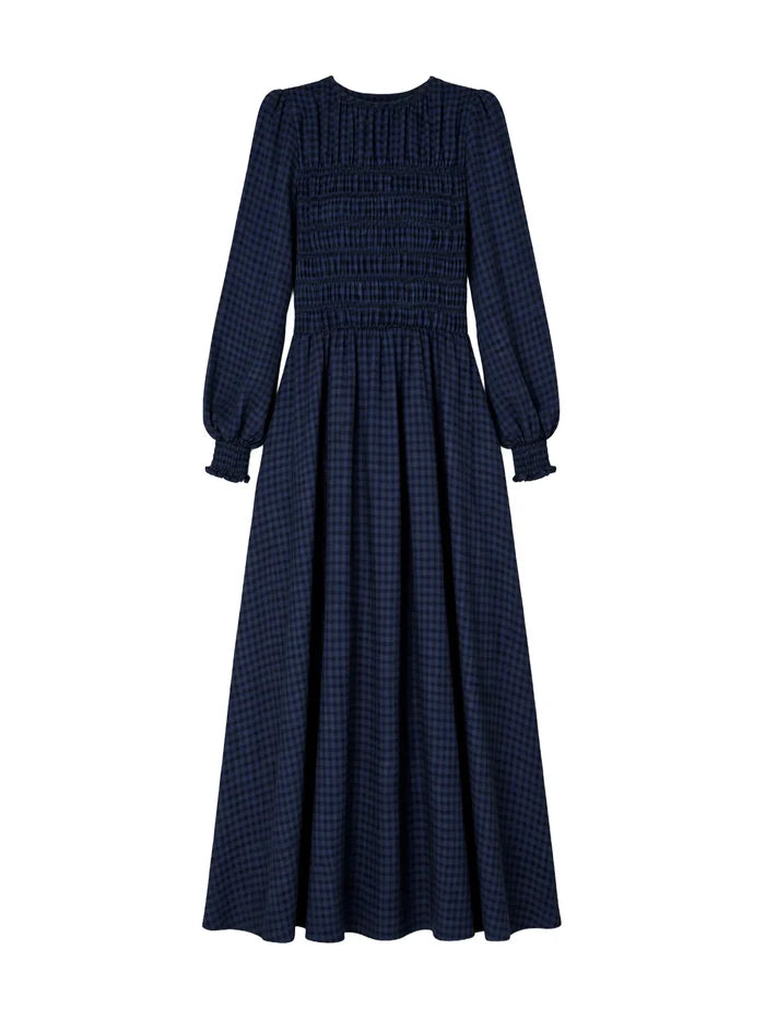 Navy Check Shirred Bodice Dress