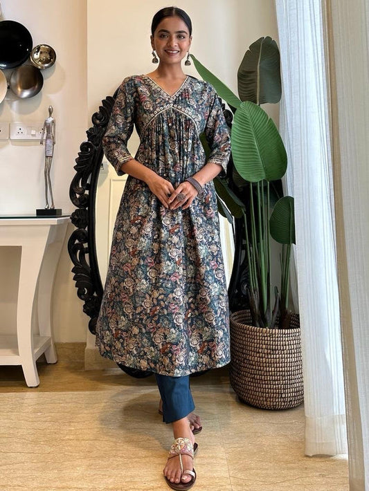 Navy Floral Muslin Alia Set