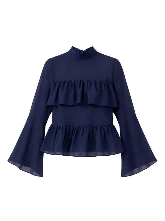Navy Frill Detail Chiffon Blouse