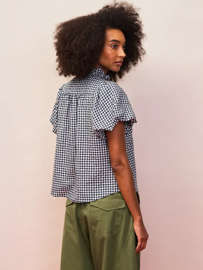 Navy Gingham Gathered-Sleeve Shirt