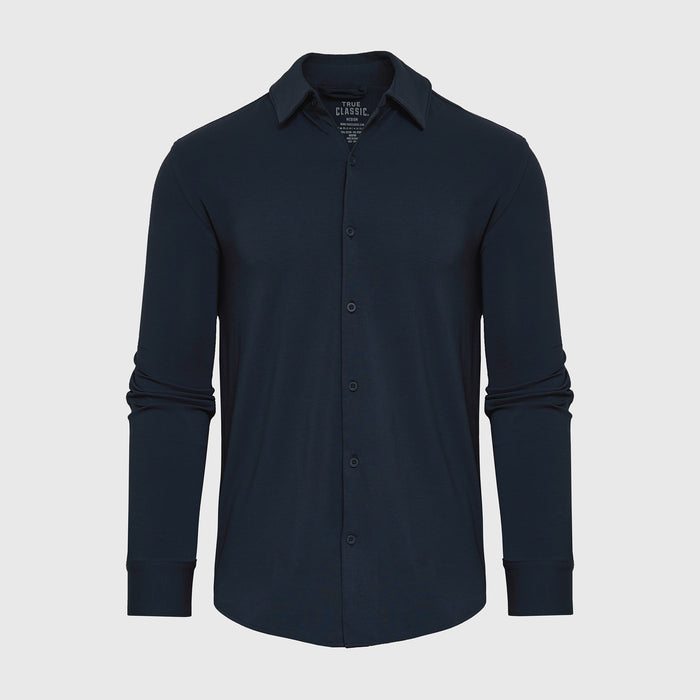 Navy Long Sleeve Knit Shirt, front view, with button-down design.