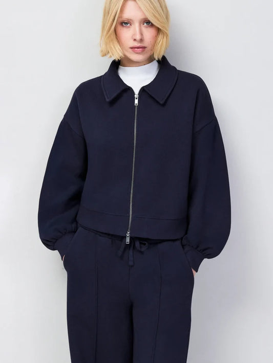 Navy sweatshirt bomber jacket with zip-through front