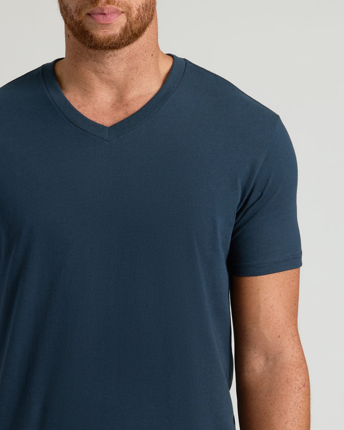 Man in Navy Tall Short Sleeve V-Neck T-shirt, tailored fit.