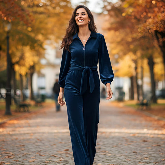 "Mitty" Wide Leg Jumpsuit - Stretch Cotton Velvet | Navy