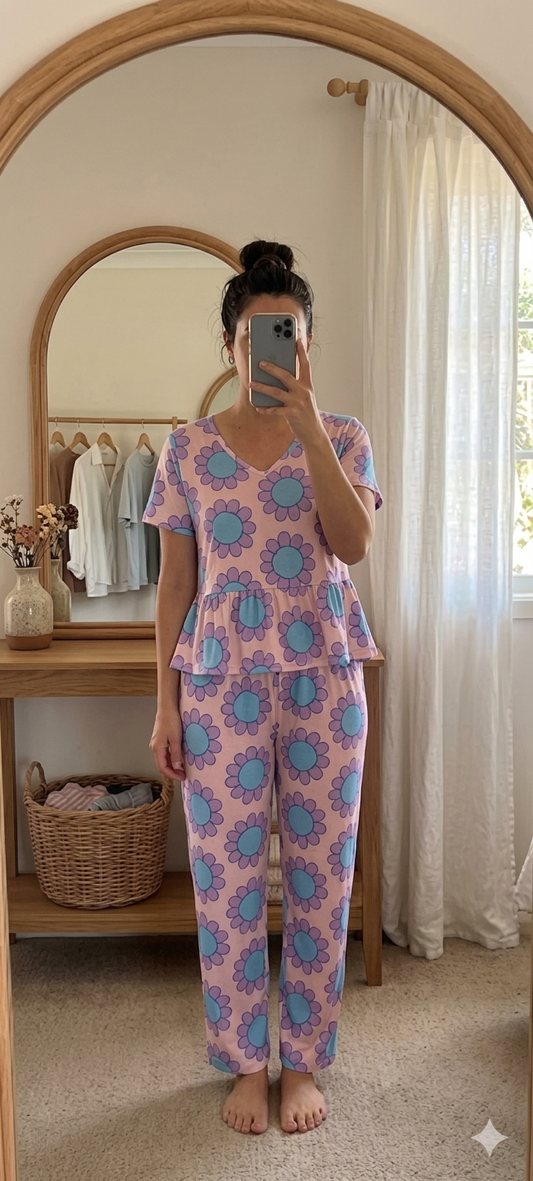 Blush pink cotton printed nightwear set with peplum top and full-length pajama