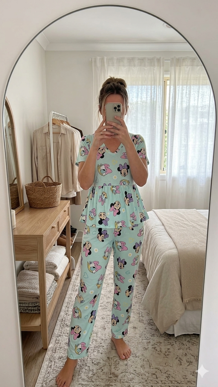 Woman wearing Blush Whispers mint green peplum night suit with cartoon character prints and full-length pants, taking a mirror selfie in a cozy bedroom.