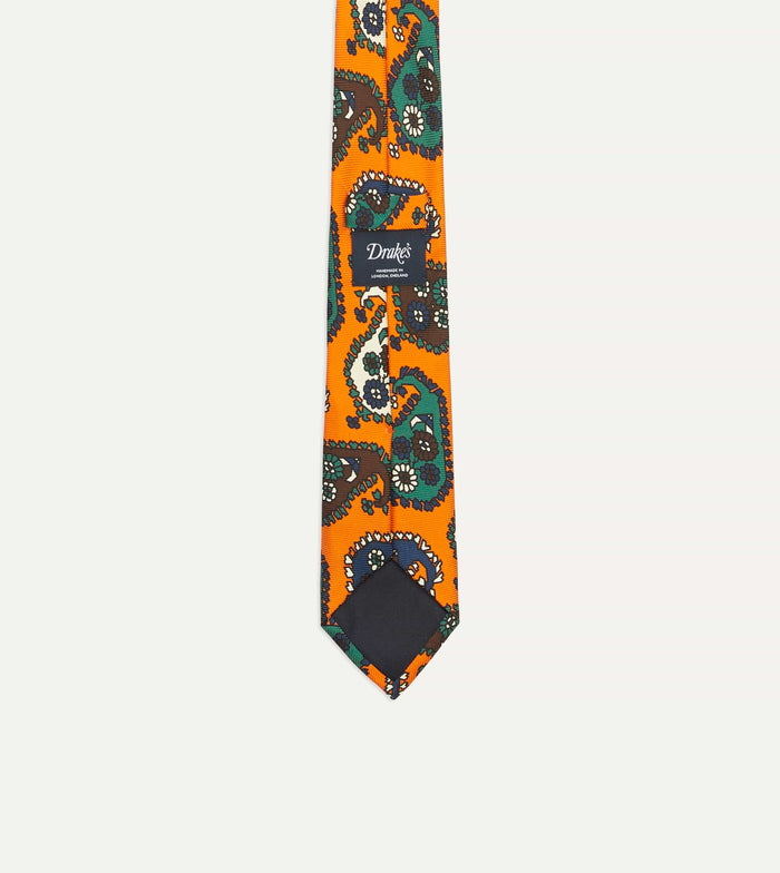 Orange Geometric Paisley Print Twill Silk Tie