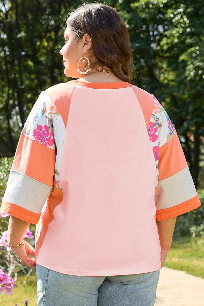 Orange Plus Size Floral Print Patchwork Raglan Half Sleeve Top - Size/Plus Tops/Plus Tops & Tees