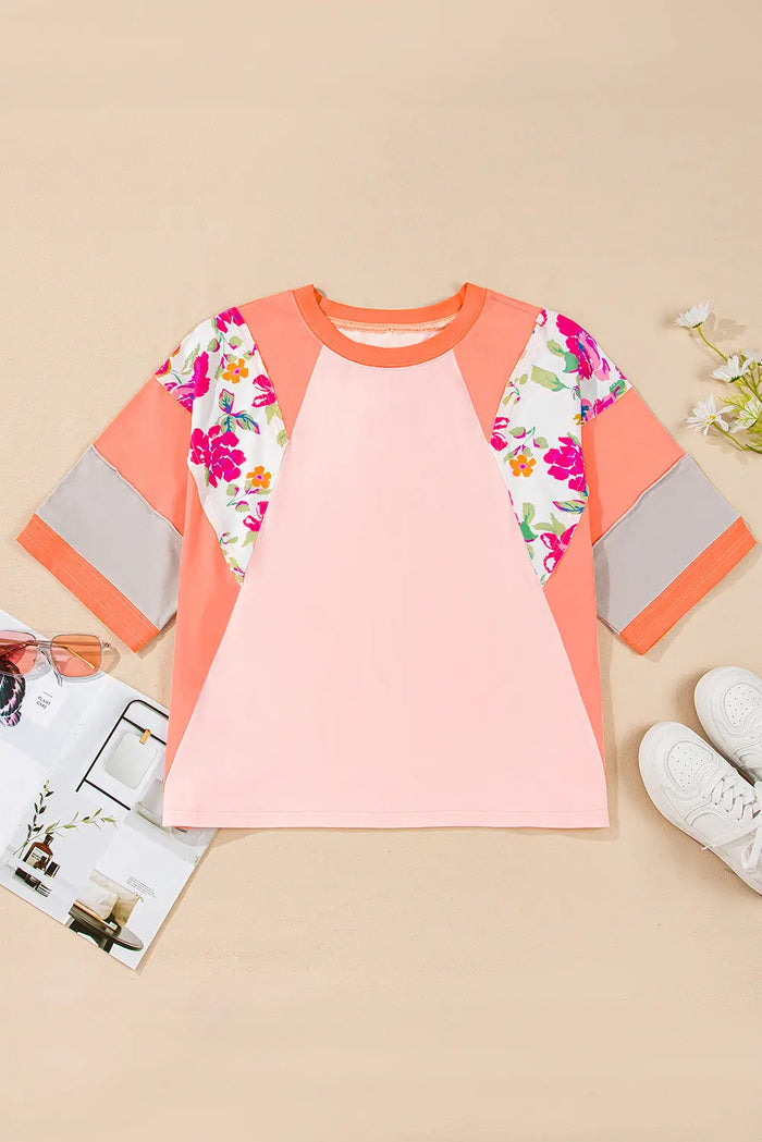 Orange Plus Size Floral Print Patchwork Raglan Half Sleeve Top - Size/Plus Tops/Plus Tops & Tees
