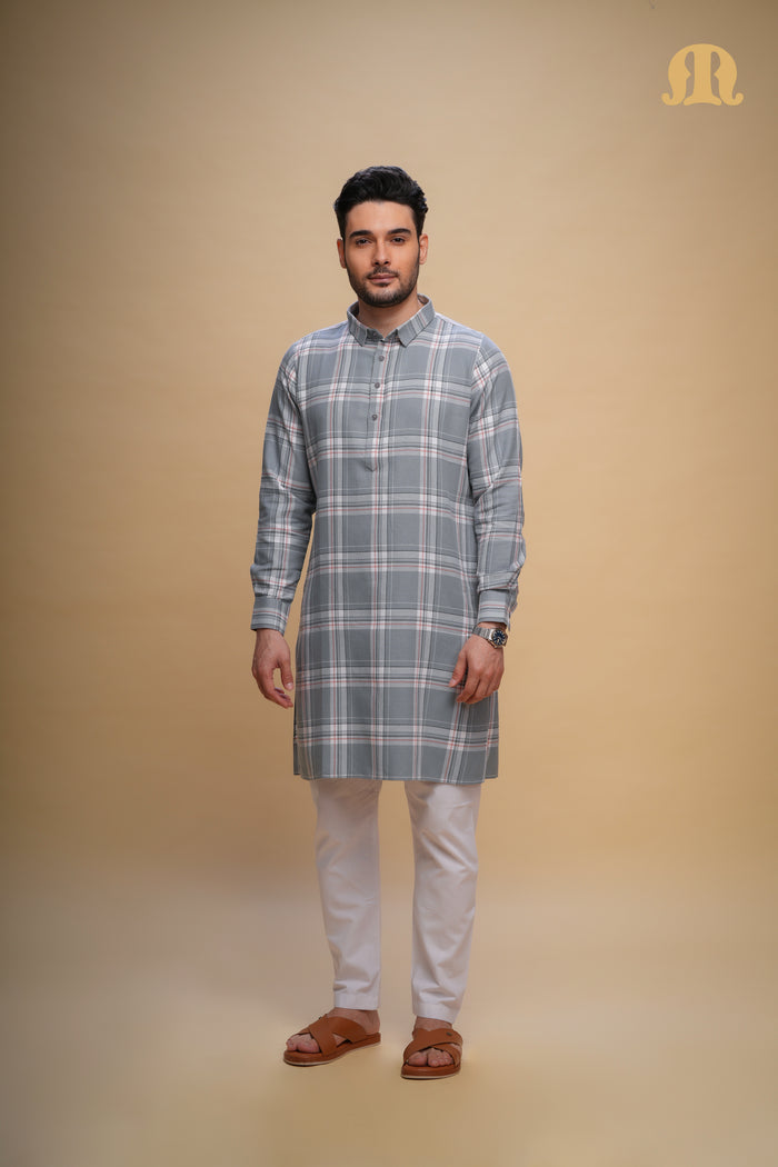 Oxen Checks Kurta Grey Set Men