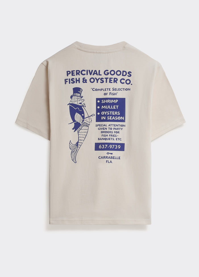 The back of the off white Percival Oyster T-shirt, featuring a blue vintage-inspired fish and seafood graphic print.