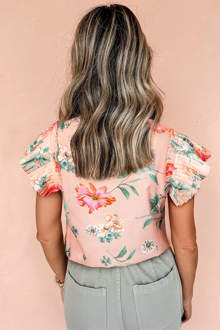 Pink Floral Print Frilled V Neck Pleated Sleeve Blouse - Tops/Blouses & Shirts