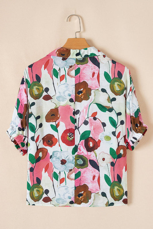 Pink Floral Print Slit V Neck Short Sleeve Blouse - S / 81% Viscose + 19% Polyamide - Tops/Blouses & Shirts