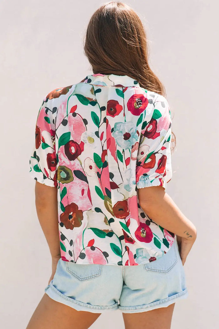 Pink Floral Print Slit V Neck Short Sleeve Blouse - Tops/Blouses & Shirts