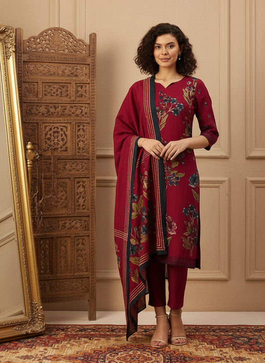 Pink Floral Printed Regular Kurta with Trouser & Dupatta, kurta set, Kurta with Trouser & Dupatta, floral printed kurta set