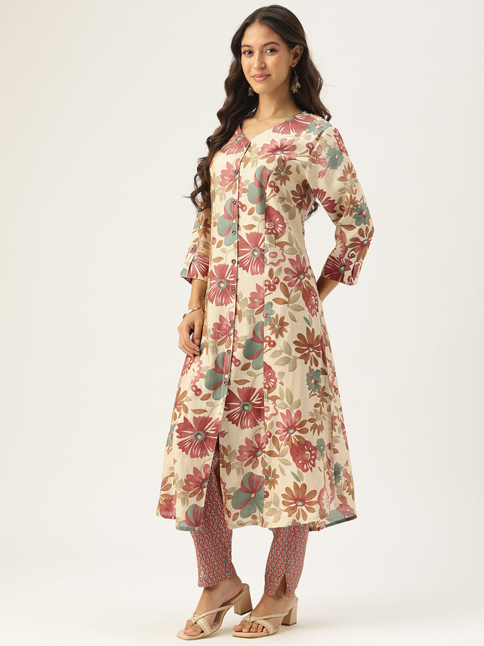 Pink Floral Printed Regular Kurta with Trouser & Dupatta, kurta set, Kurta with Trouser & Dupatta, floral printed kurta set