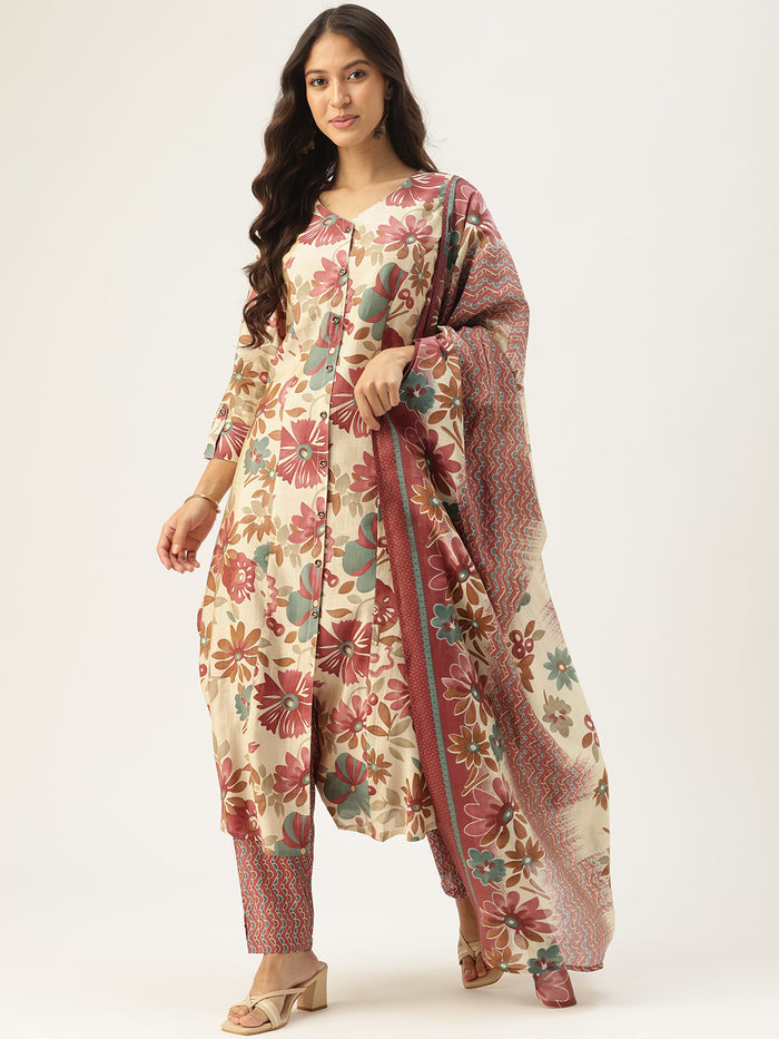 Pink Floral Printed Regular Kurta with Trouser & Dupatta, kurta set, Kurta with Trouser & Dupatta, floral printed kurta set