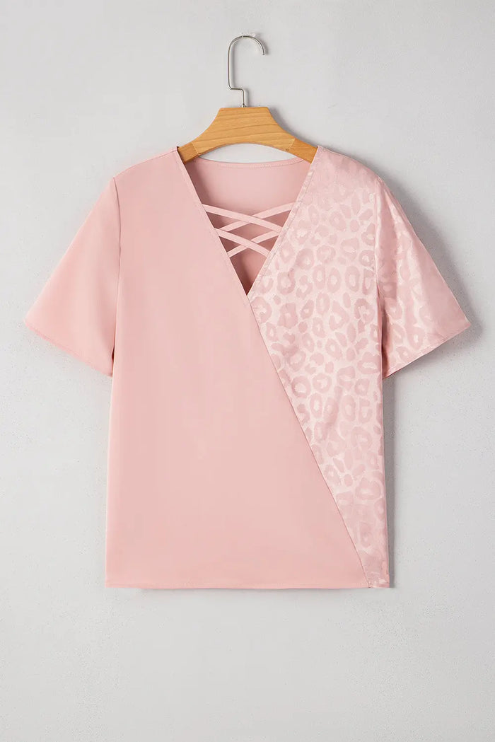 Pink Leopard Jacquard Patchwork Crisscross V-Neck Short Sleeve Blouse - Tops/Blouses & Shirts