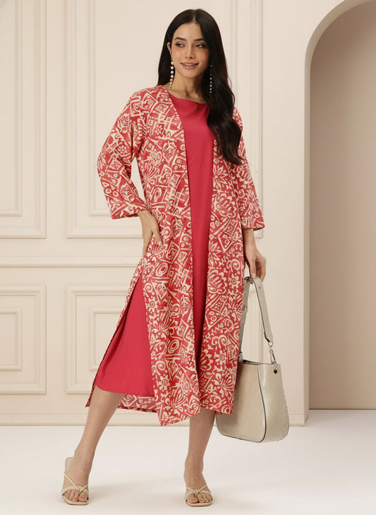 Pink Printed Dress With Shrug, midi dress, dress, women’s western wear, party wear dress, casual wear dress