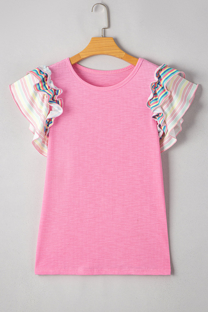 Pink Striped Ruffle Flutter Sleeve Ribbed Blouse - Tops/Blouses & Shirts