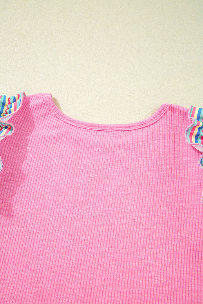 Pink Striped Ruffle Flutter Sleeve Ribbed Blouse - Tops/Blouses & Shirts