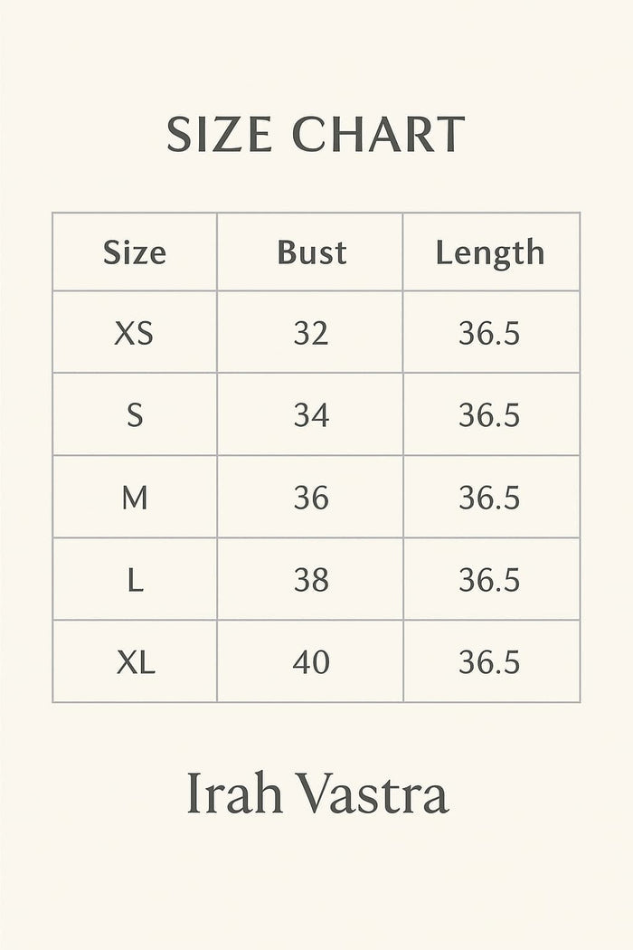 Size chart for women’s long polo nightdress showing bust and length measurements by Irah Vastra