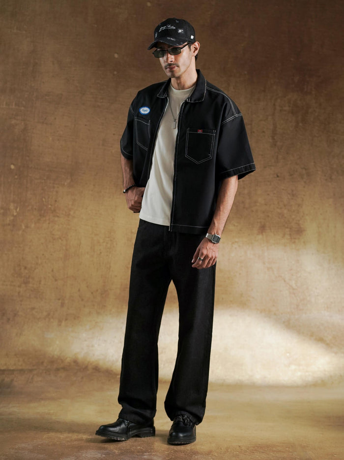 Grvyffect oval patch detail on black work shirt chest - GROOVY Pakistan
