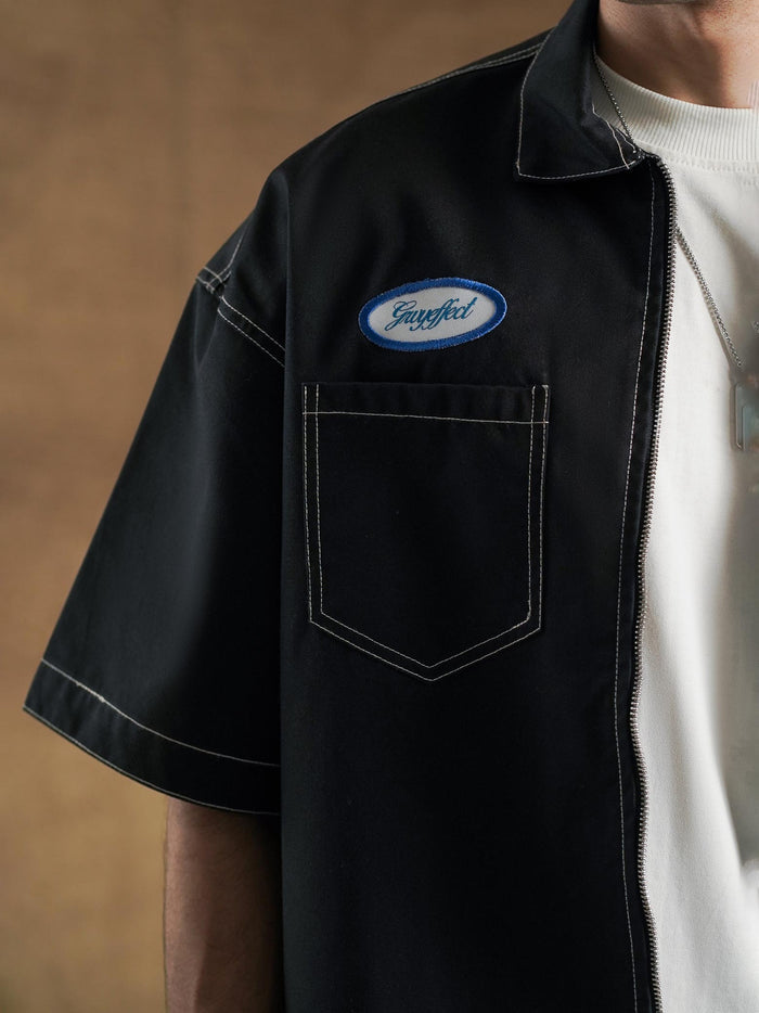 Contrast white topstitching on black cotton twill shirt - GROOVY Pakistan